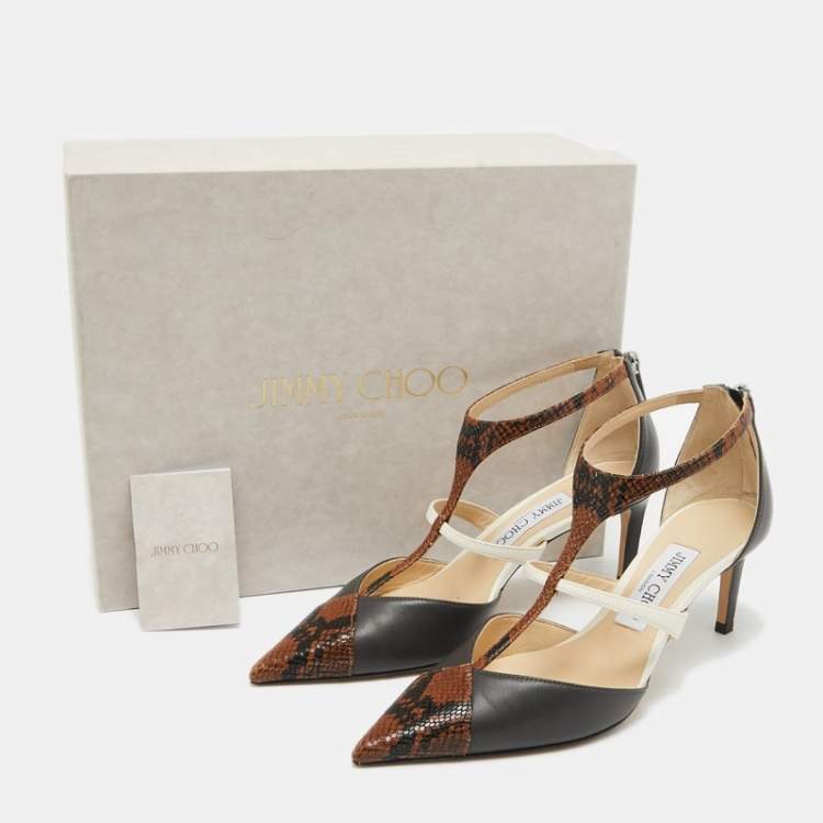 Pre Owned Jimmy Choo Brown/Grey Snakeskin Embossed and Leather Saoni Pumps Size 37.5