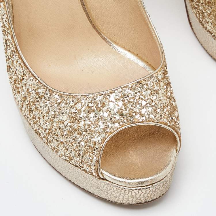 Pre Owned Jimmy Choo Gold Glitter Dahlia Platform Peep Toe Pumps Size 38