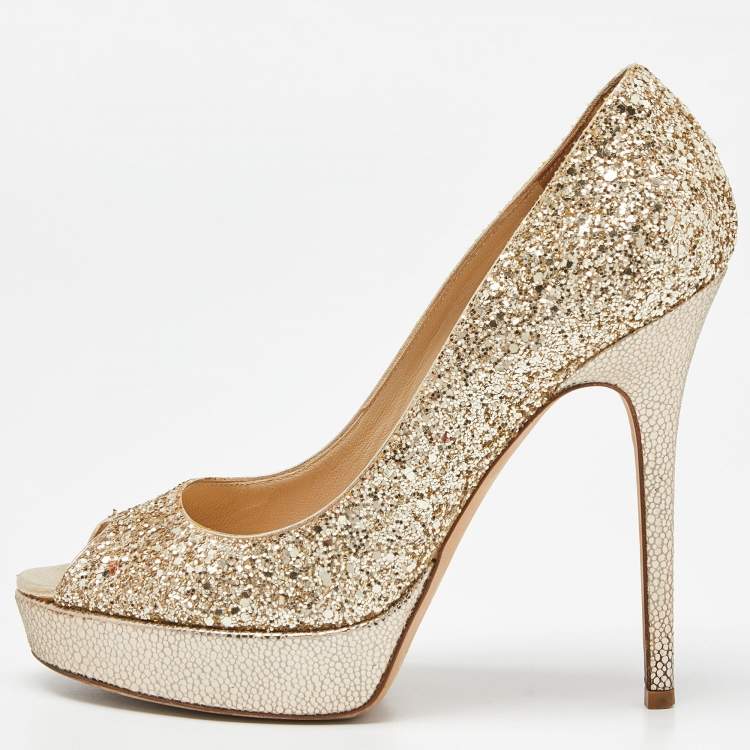Pre Owned Jimmy Choo Gold Glitter Dahlia Platform Peep Toe Pumps Size 38