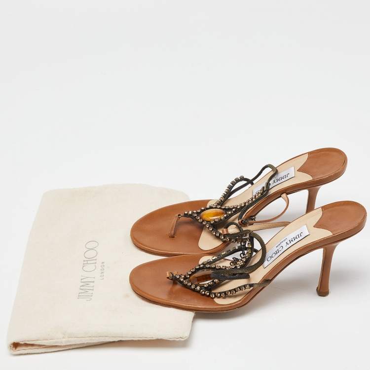 Pre Owned Jimmy Choo Brown Leather Crystal Embellished Slide Ankle Strap Sandals Size 38