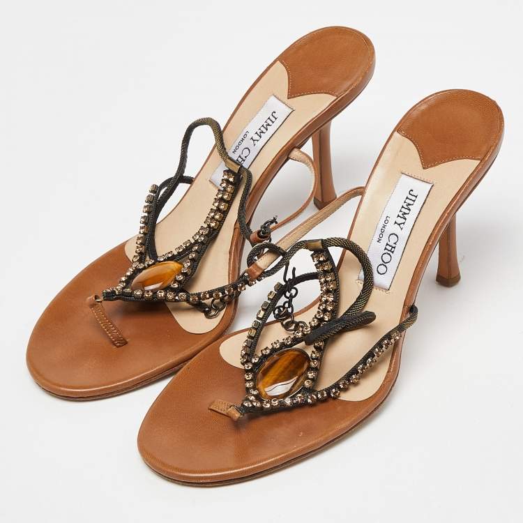 Pre Owned Jimmy Choo Brown Leather Crystal Embellished Slide Ankle Strap Sandals Size 38