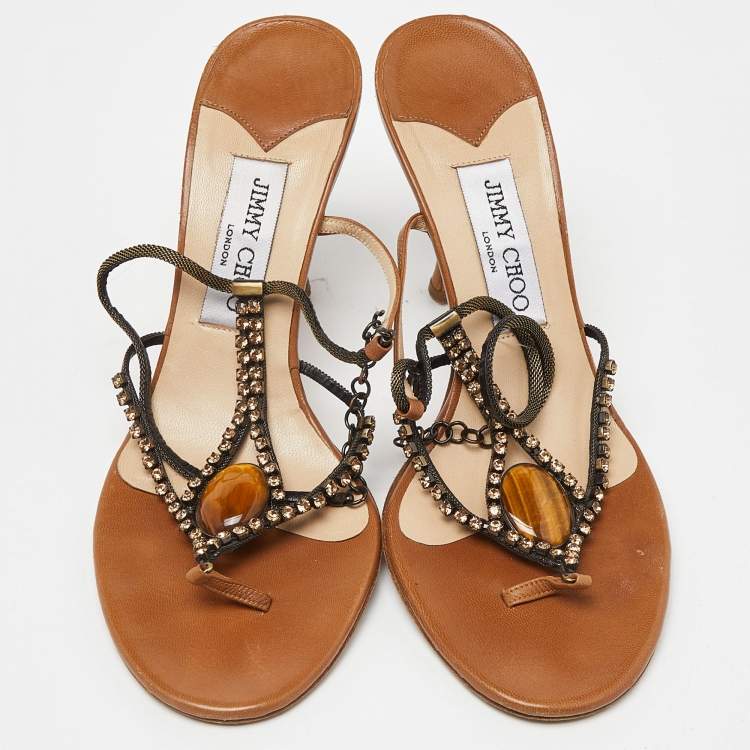 Pre Owned Jimmy Choo Brown Leather Crystal Embellished Slide Ankle Strap Sandals Size 38