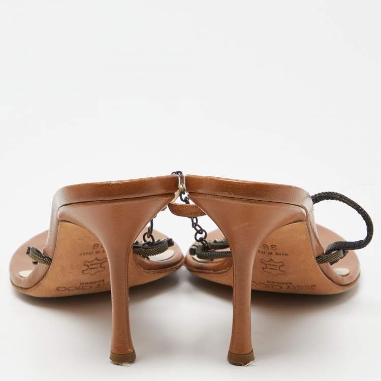 Pre Owned Jimmy Choo Brown Leather Crystal Embellished Slide Ankle Strap Sandals Size 38