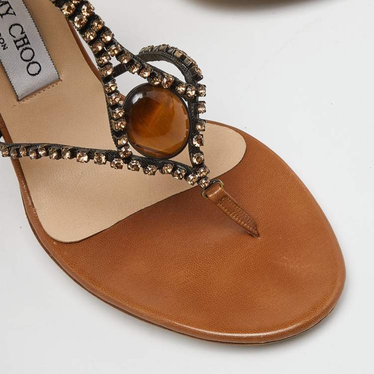 Pre Owned Jimmy Choo Brown Leather Crystal Embellished Slide Ankle Strap Sandals Size 38