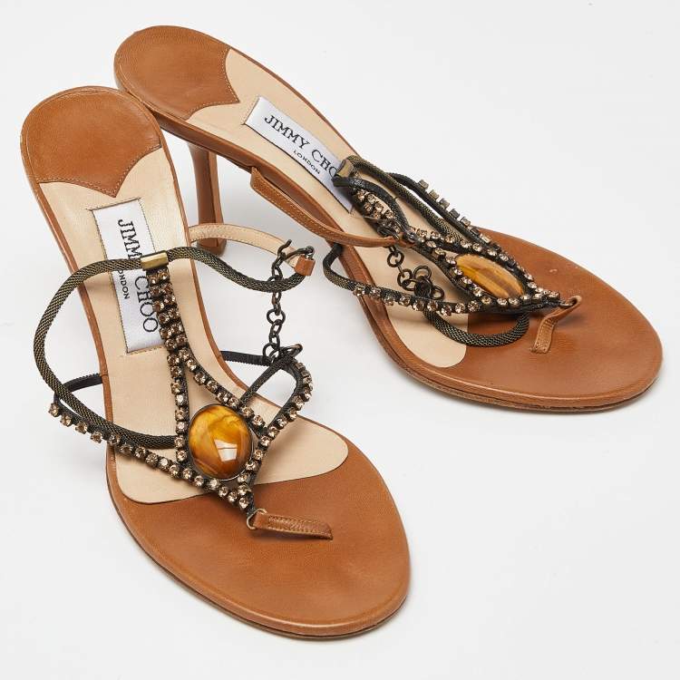 Pre Owned Jimmy Choo Brown Leather Crystal Embellished Slide Ankle Strap Sandals Size 38