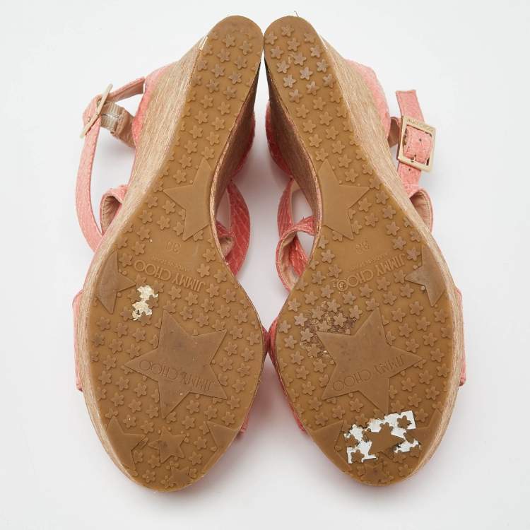 Pre Owned Jimmy Choo Orange Watersnake Leather Cross Strap Platform Wedge Sandals Size 38