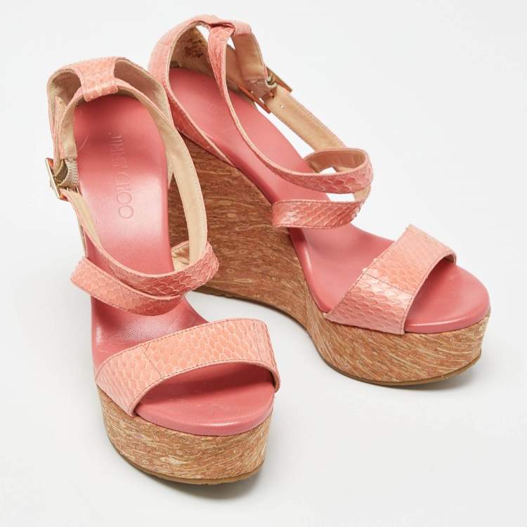 Pre Owned Jimmy Choo Orange Watersnake Leather Cross Strap Platform Wedge Sandals Size 38