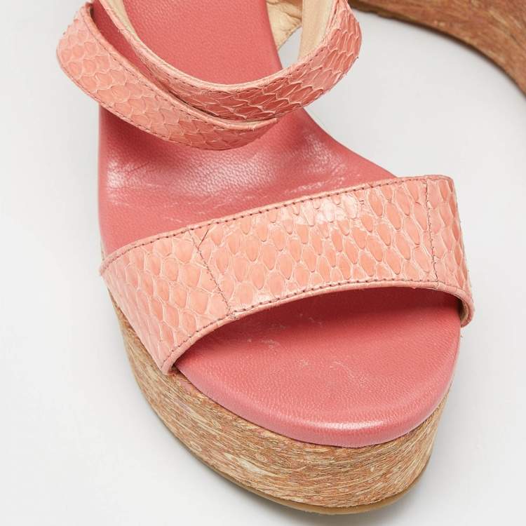 Pre Owned Jimmy Choo Orange Watersnake Leather Cross Strap Platform Wedge Sandals Size 38