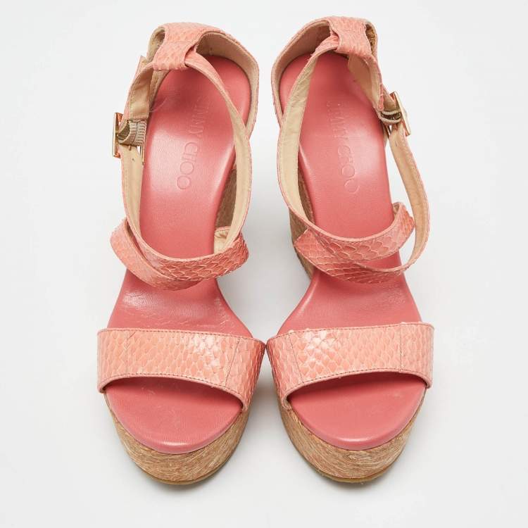 Pre Owned Jimmy Choo Orange Watersnake Leather Cross Strap Platform Wedge Sandals Size 38