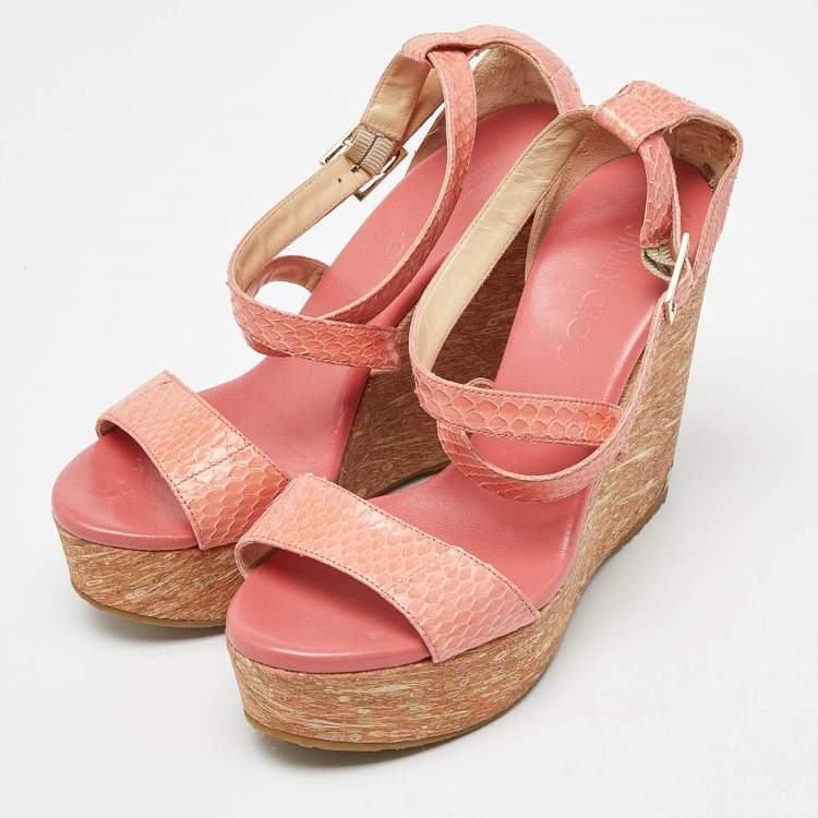 Pre Owned Jimmy Choo Orange Watersnake Leather Cross Strap Platform Wedge Sandals Size 38