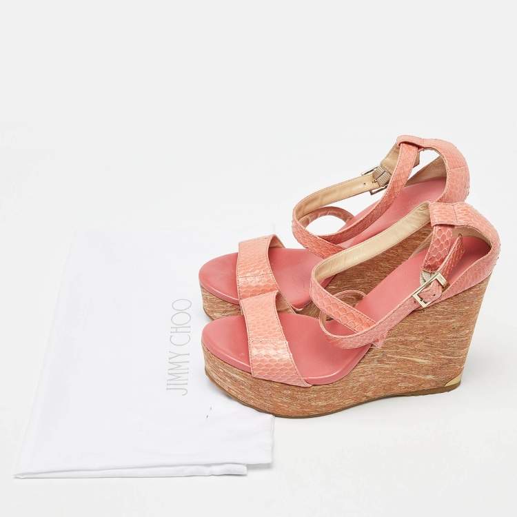 Pre Owned Jimmy Choo Orange Watersnake Leather Cross Strap Platform Wedge Sandals Size 38