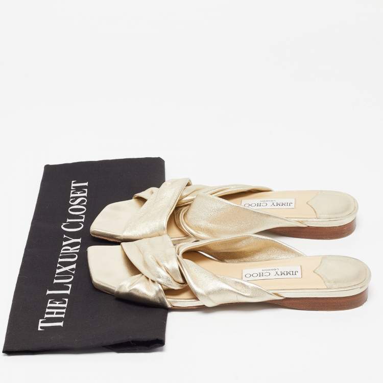 Pre Owned Jimmy Choo Gold Leather Narisa Slide Flats Size 39.5
