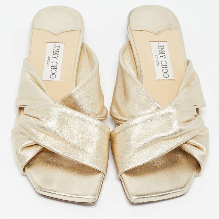 Pre Owned Jimmy Choo Gold Leather Narisa Slide Flats Size 39.5