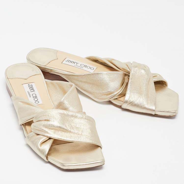 Pre Owned Jimmy Choo Gold Leather Narisa Slide Flats Size 39.5