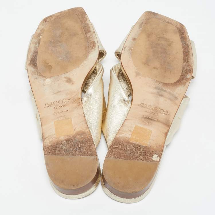 Pre Owned Jimmy Choo Gold Leather Narisa Slide Flats Size 39.5