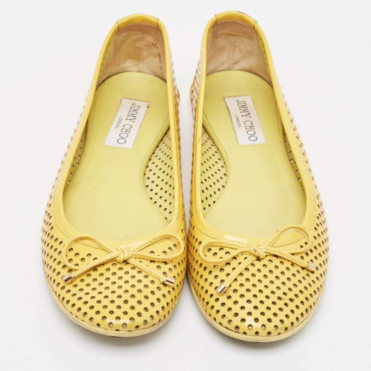 Pre Owned Jimmy Choo Yellow Perforated Patent Leather Walsh Bow Ballet Flats Size 37