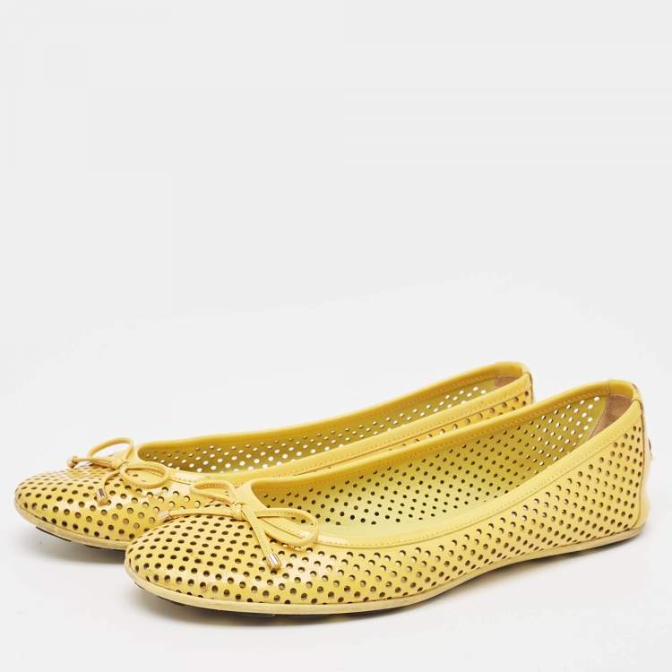 Pre Owned Jimmy Choo Yellow Perforated Patent Leather Walsh Bow Ballet Flats Size 37