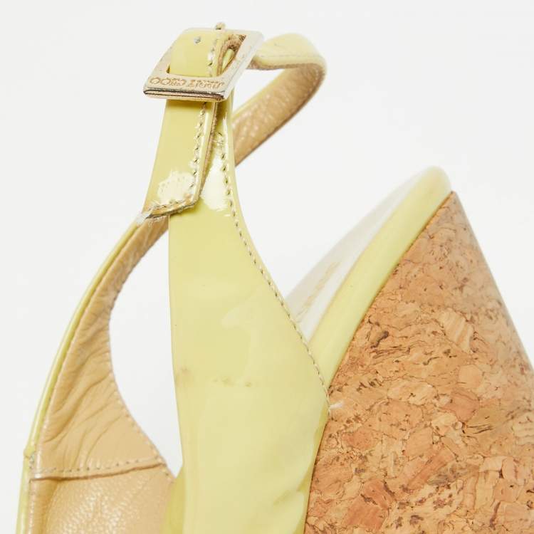 Pre Owned Jimmy Choo Light Green Patent Leather Prova Cork Platform Sandals Size 38