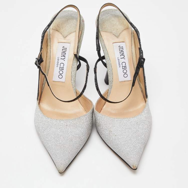 Pre Owned Jimmy Choo Silver Glitter Slingback Pumps Size 37.5