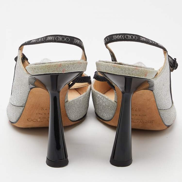 Pre Owned Jimmy Choo Silver Glitter Slingback Pumps Size 37.5