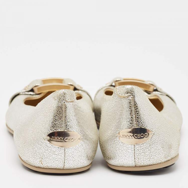 Pre Owned Jimmy Choo Silver Leather Morse Ballet Flats Size 38.5