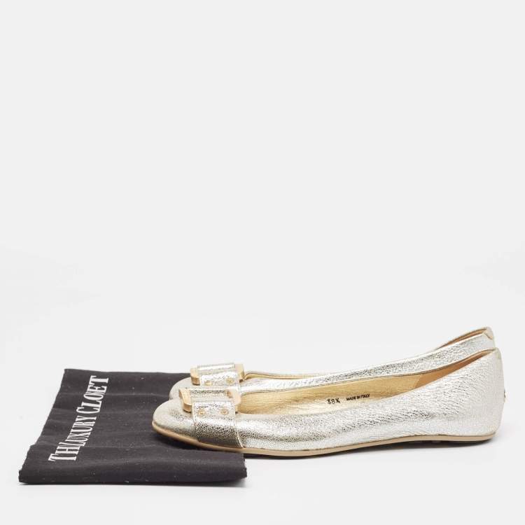 Pre Owned Jimmy Choo Silver Leather Morse Ballet Flats Size 38.5