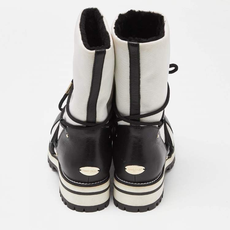 Pre Owned Jimmy Choo White/Black Canvas and Leather Ankle Boots Size 39 