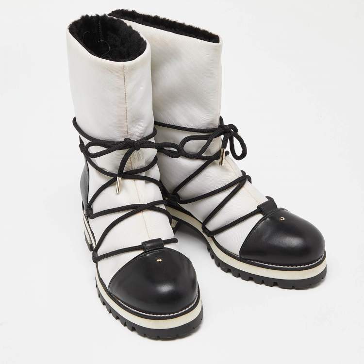 Pre Owned Jimmy Choo White/Black Canvas and Leather Ankle Boots Size 39 