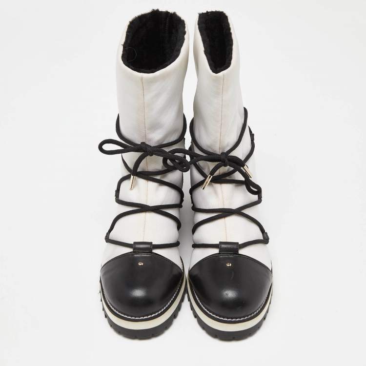 Pre Owned Jimmy Choo White/Black Canvas and Leather Ankle Boots Size 39 
