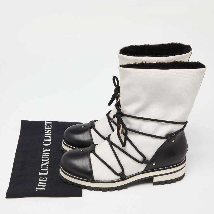 Pre Owned Jimmy Choo White/Black Canvas and Leather Ankle Boots Size 39 