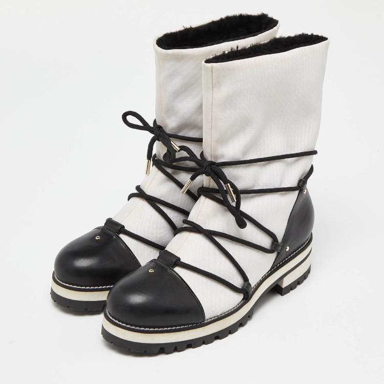 Pre Owned Jimmy Choo White/Black Canvas and Leather Ankle Boots Size 39 