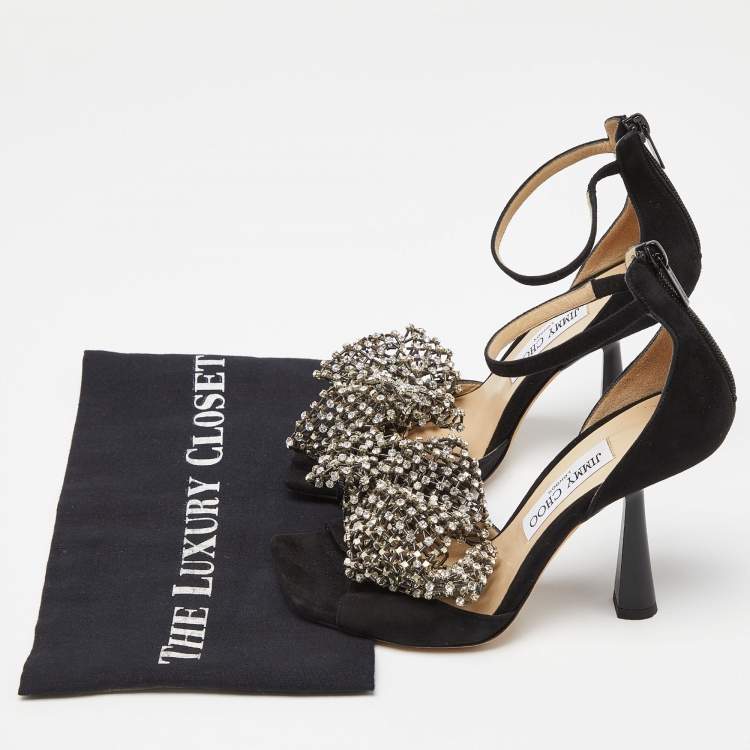 Pre Owned Jimmy Choo Black Suede Crystal Embellished Bow Ankle Strap Sandals Size 37