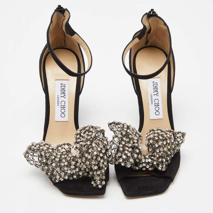 Pre Owned Jimmy Choo Black Suede Crystal Embellished Bow Ankle Strap Sandals Size 37