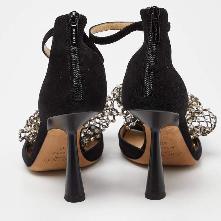 Pre Owned Jimmy Choo Black Suede Crystal Embellished Bow Ankle Strap Sandals Size 37