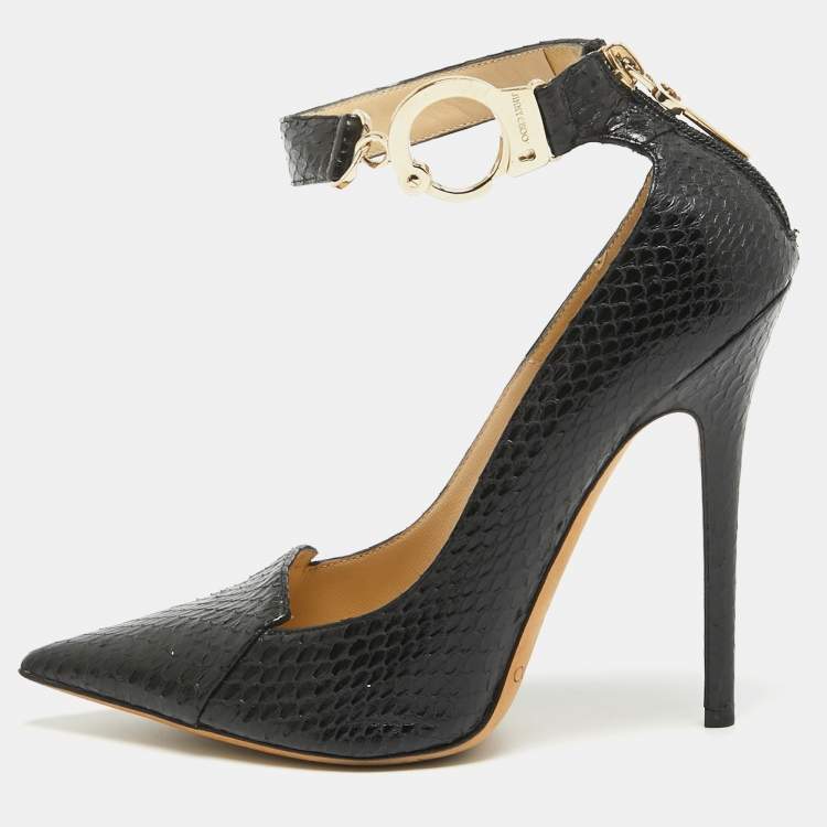 Pre Owned Jimmy Choo Black Python Ankle Cuff Pumps Size 38.5