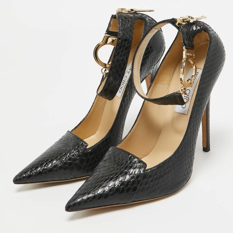 Pre Owned Jimmy Choo Black Python Ankle Cuff Pumps Size 38.5