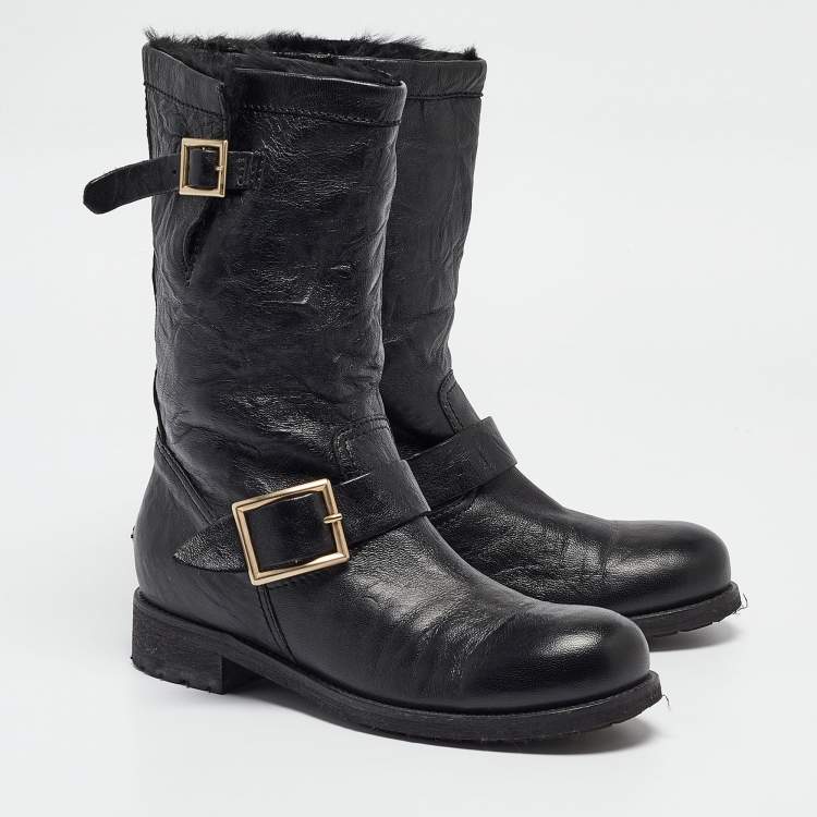 Pre Owned Jimmy Choo Black Leather Ankle Boots Size 37.5