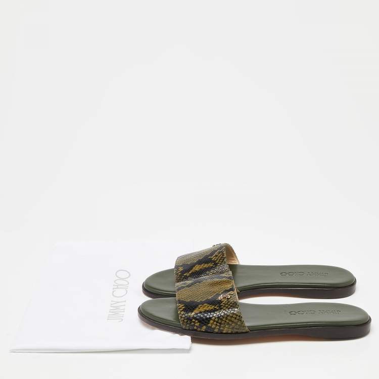 Pre Owned Jimmy Choo Green Python Embossed Leather Nanda Flat Slides Size 37