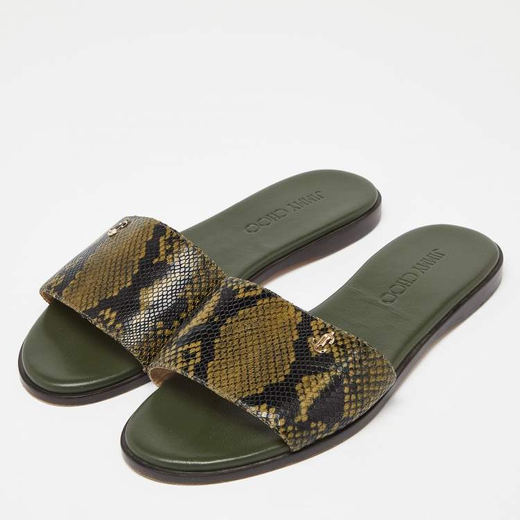 Pre Owned Jimmy Choo Green Python Embossed Leather Nanda Flat Slides Size 37