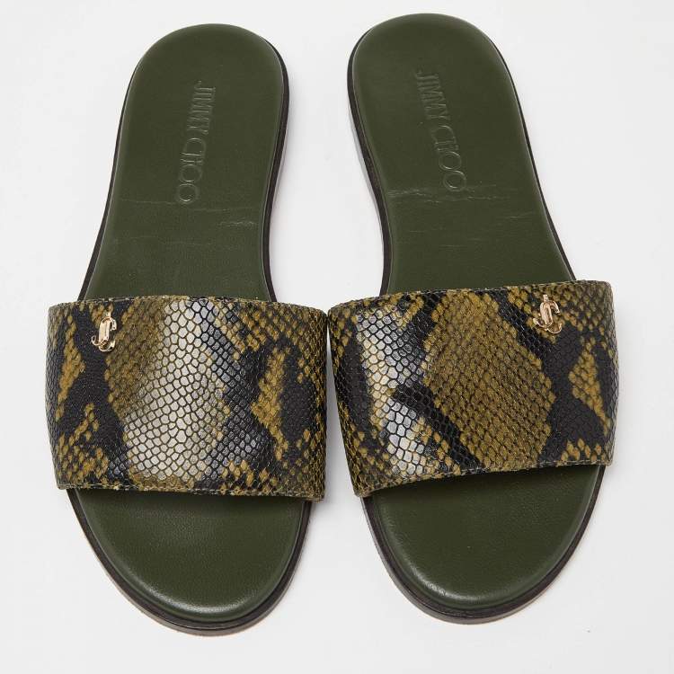 Pre Owned Jimmy Choo Green Python Embossed Leather Nanda Flat Slides Size 37