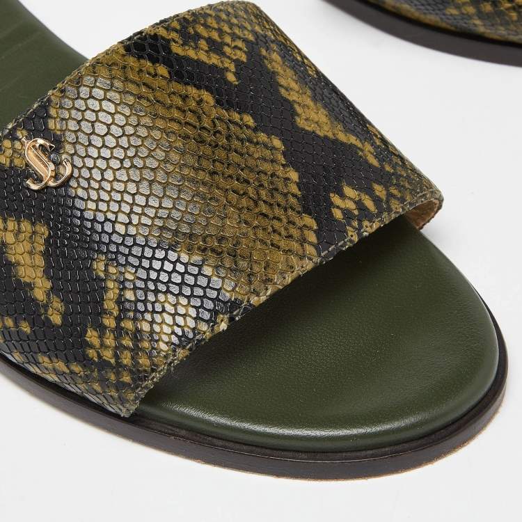 Pre Owned Jimmy Choo Green Python Embossed Leather Nanda Flat Slides Size 37