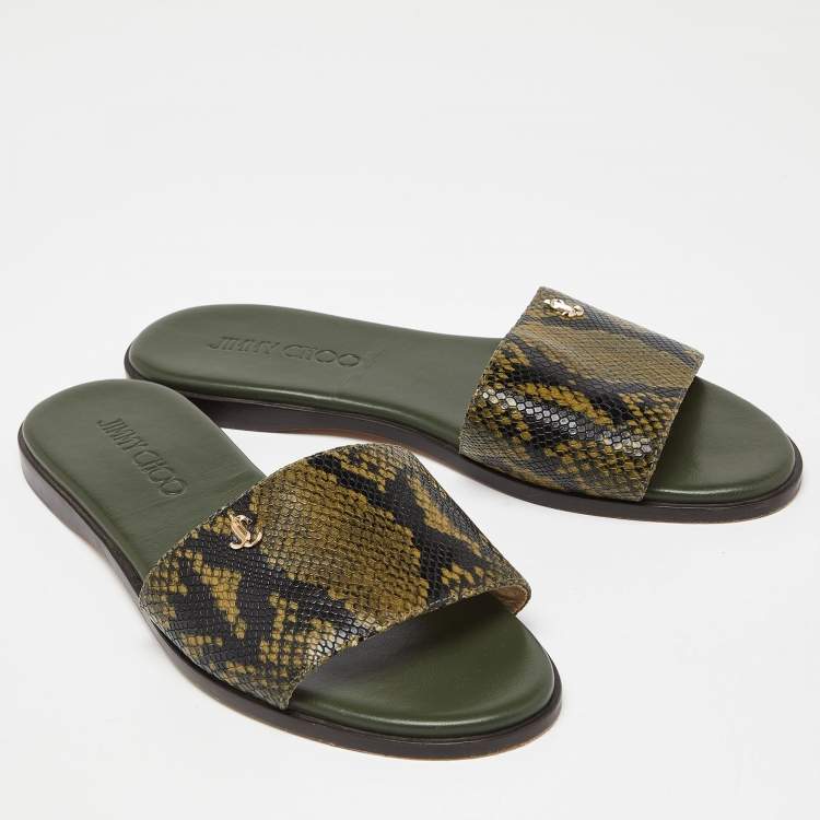 Pre Owned Jimmy Choo Green Python Embossed Leather Nanda Flat Slides Size 37