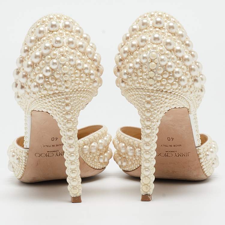 Pre Owned Jimmy Choo Off White Faux Pearl Embellished Satin Sabine Pumps Size 40