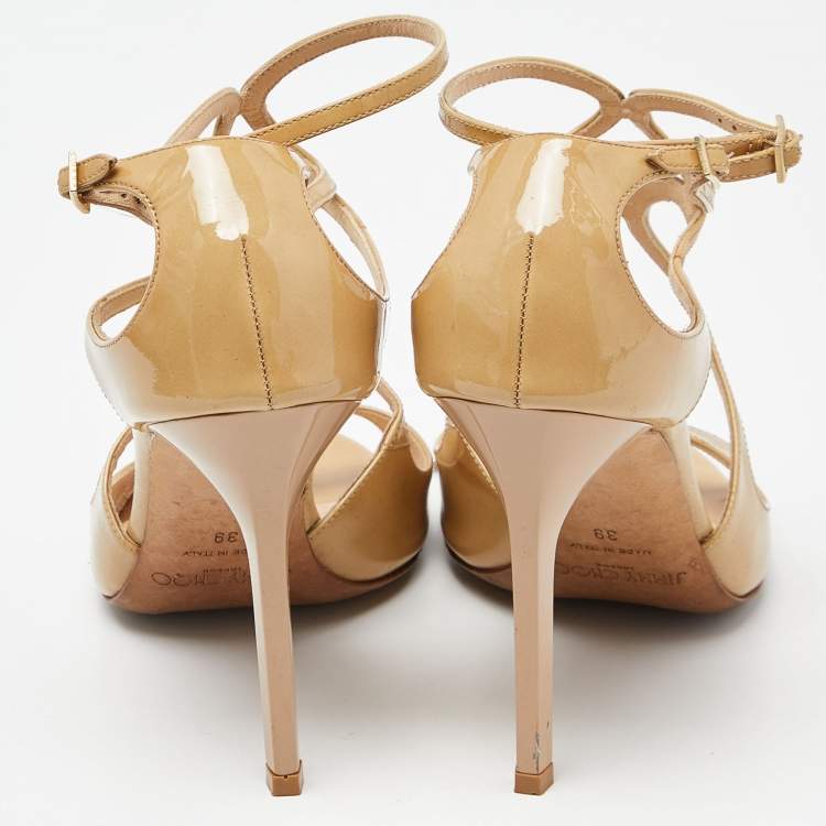 Pre Owned Jimmy Choo Beige Patent Leather Lance Strappy Sandals Size 39