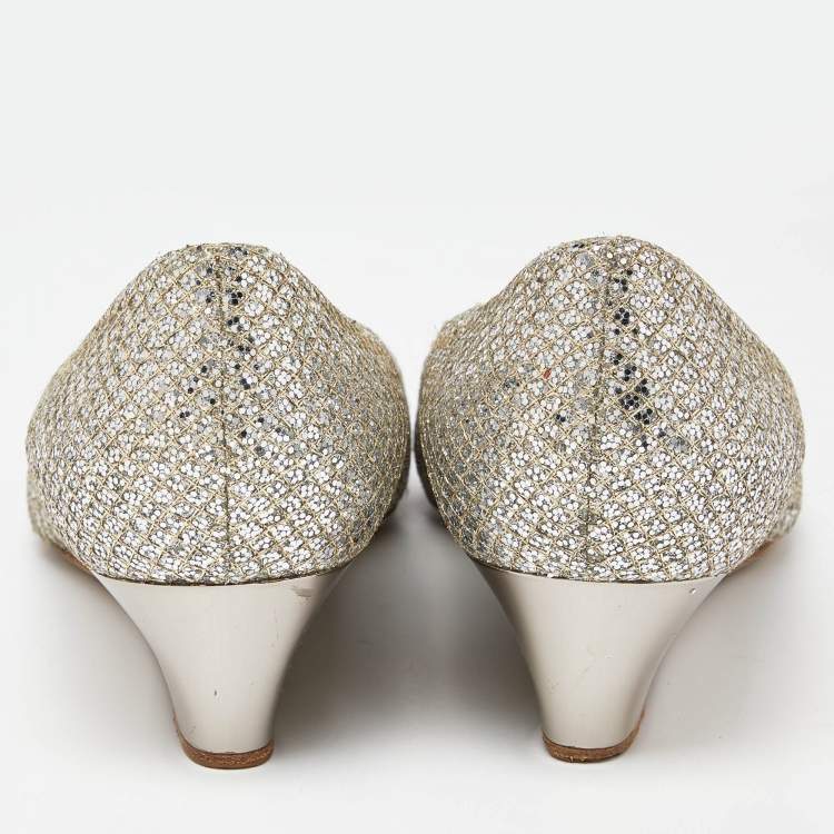Pre Owned Jimmy Choo Silver Glitter Baxen Wedge Pumps Size 38