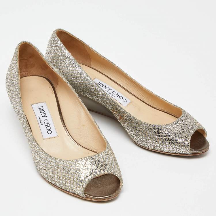 Pre Owned Jimmy Choo Silver Glitter Baxen Wedge Pumps Size 38