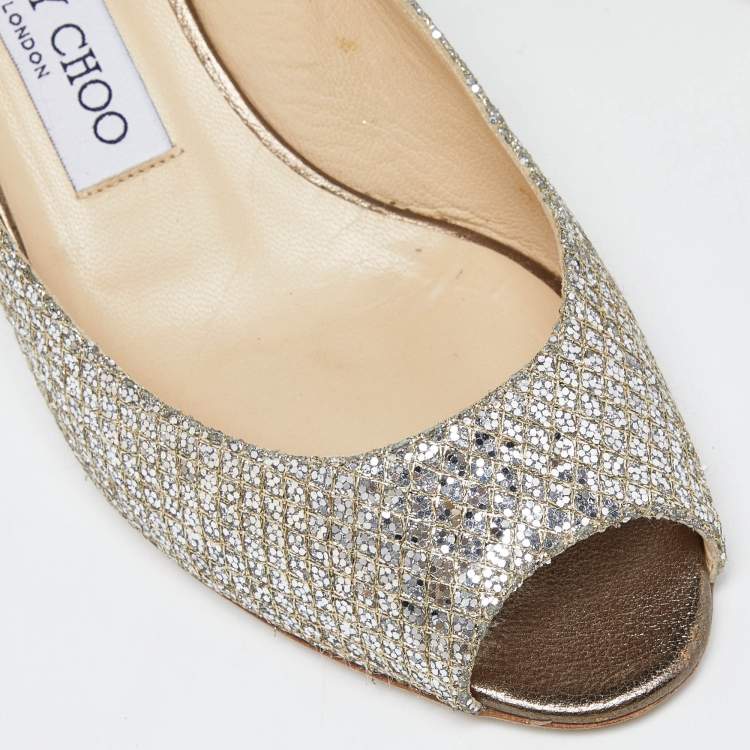 Pre Owned Jimmy Choo Silver Glitter Baxen Wedge Pumps Size 38