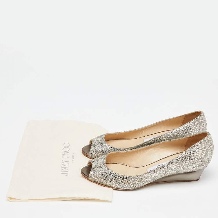 Pre Owned Jimmy Choo Silver Glitter Baxen Wedge Pumps Size 38