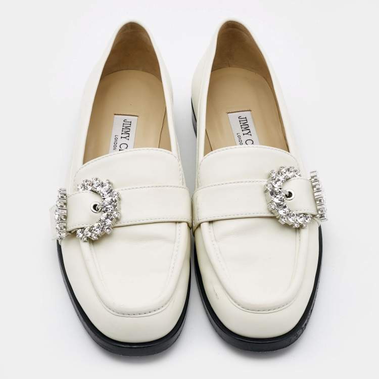 Pre Owned Jimmy Choo White Leather Crystal Embellished Loafers Size 38.5