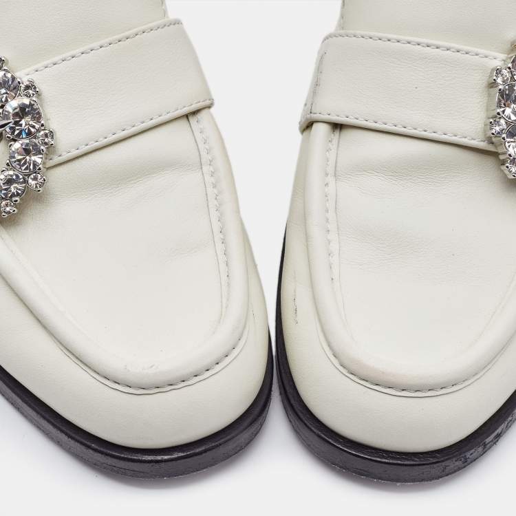 Pre Owned Jimmy Choo White Leather Crystal Embellished Loafers Size 38.5
